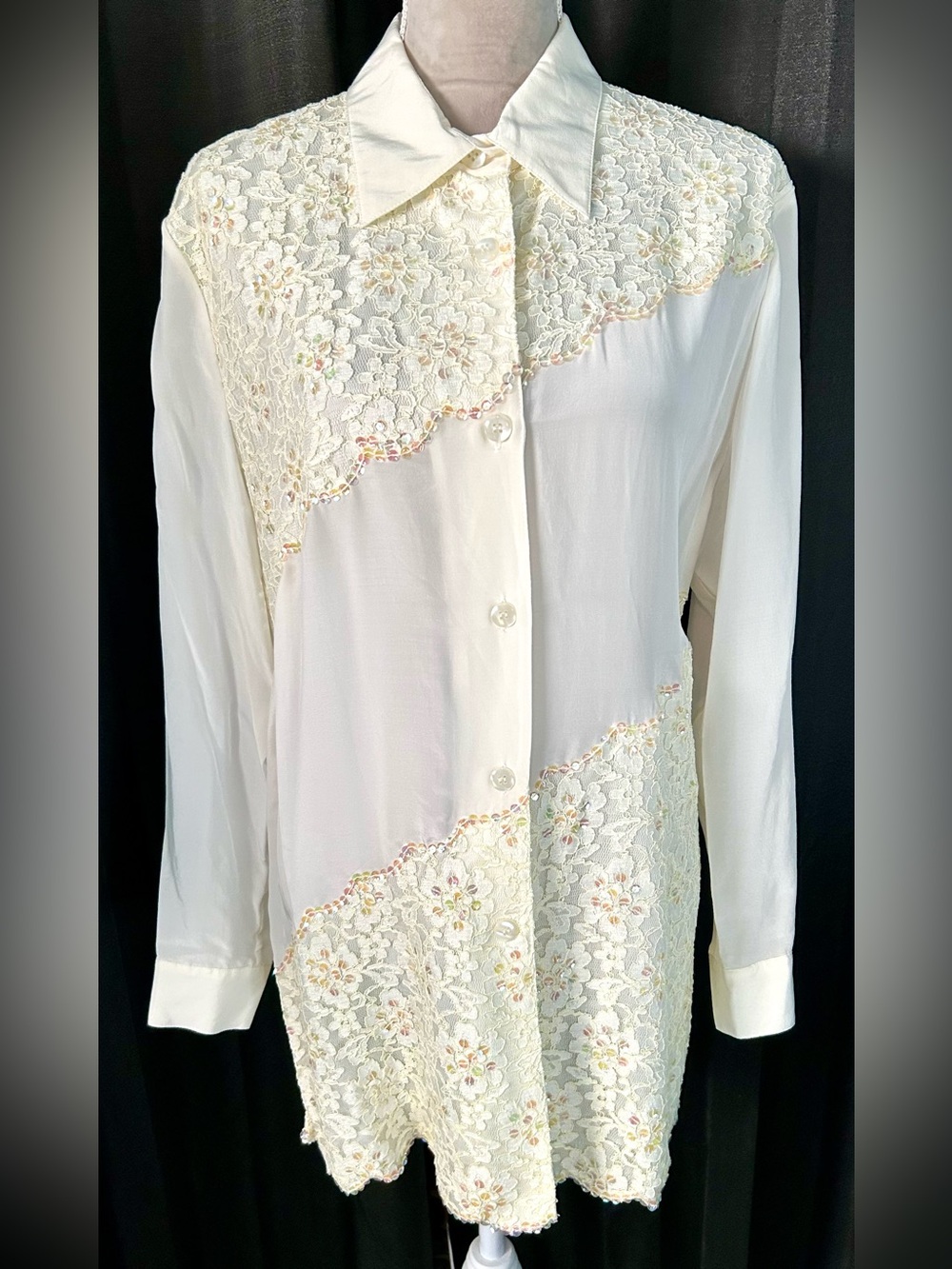 Vintage 90s Cream Sequin Embellished Lace Coquette Blouse, Size XL